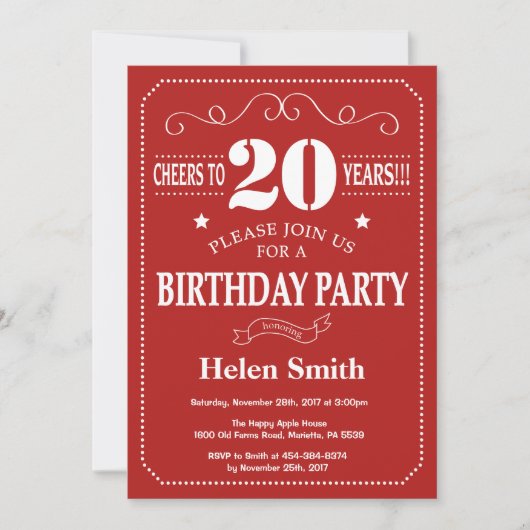 Invitation d'anniversaire 20 ans Rouge et Blanc (Devant)