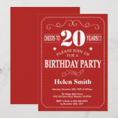 Invitation d'anniversaire 20 ans Rouge et Blanc (Devant / Derrière)