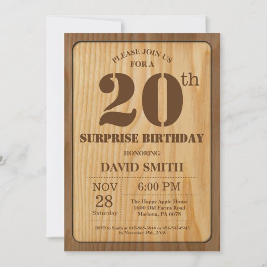 Invitation d'anniversaire 20 ans Rustic Surprise e (Devant)