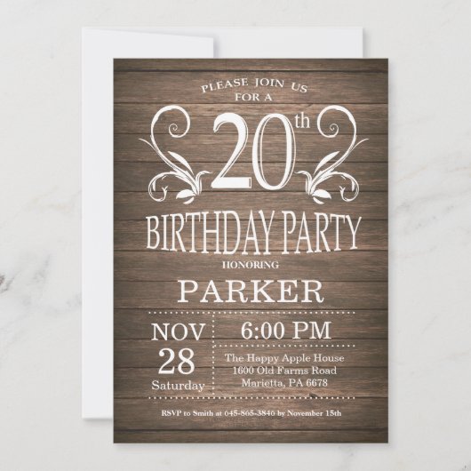 Invitation d'anniversaire 20 ans Rustique Bois Flo (Devant)