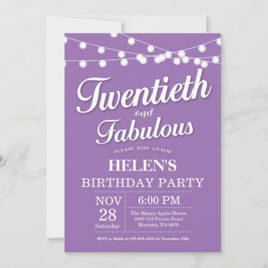 Invitation d'anniversaire 20 ans Violet Fabuleux (Devant)