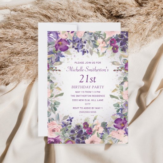 Invitation d'anniversaire 21 ans à fleurs rose et