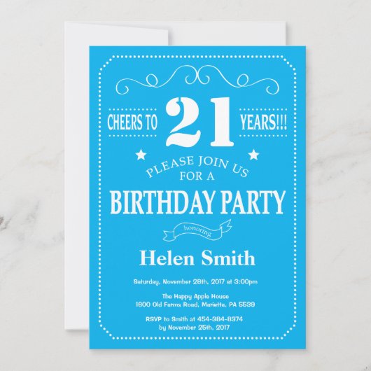 Invitation d'anniversaire 21 ans Bleu et Blanc (Devant)