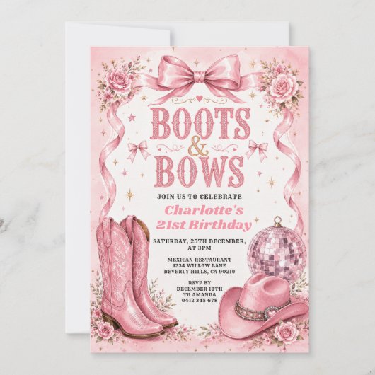 Invitation d'anniversaire 21 ans Boots & Bows (Devant)
