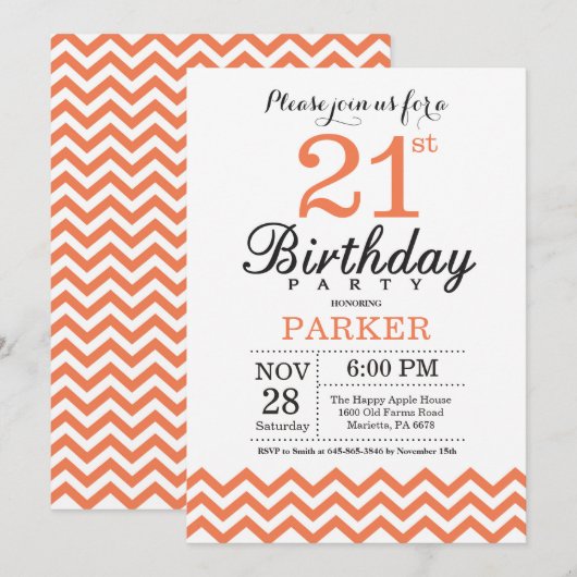Invitation d'anniversaire 21 ans Chevron Corail (Devant / Derrière)
