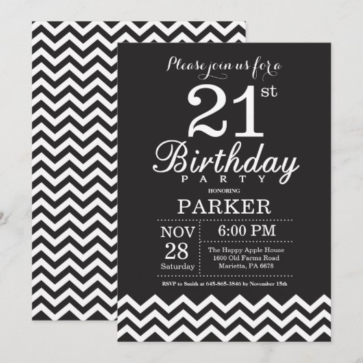 Invitation d'anniversaire 21 ans Chevron noir et b (Devant / Derrière)