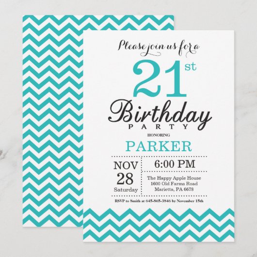 Invitation d'anniversaire 21 ans Chevron sarcelle (Devant / Derrière)