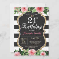 Invitation d'anniversaire 21 ans Femmes. Floral Or