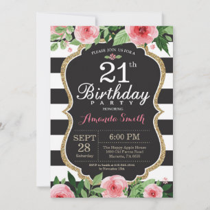 Invitation d'anniversaire 21 ans Femmes. Floral Or