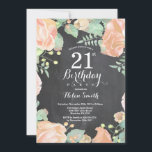 Invitation d'anniversaire 21 ans Fleur de Pêche Bo<br><div class="desc">Invitation d'anniversaire 21 ans Fleur de Pêche Botanique. Invitation d'anniversaire aux pivoines roses florales pour femmes. Fleur florale aquarelle. Fleurs élégantes de rose et de pivoine roses. Anniversaire adulte. Fond tableau noir. Noir et blanc. 13ème 15ème 16ème 18ème 20ème 21ème 30ème 40ème 50ème 60ème 70ème 80ème 90ème 100ème, Tous âges....</div>