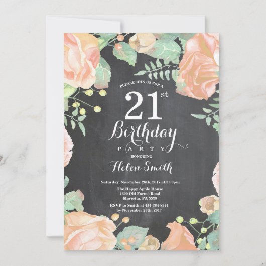 Invitation d'anniversaire 21 ans Fleur de Pêche Bo (Devant)