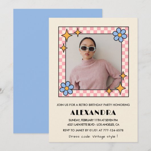 Invitation d'anniversaire 21 ans Fleurs bleues rét (Devant / Derrière)