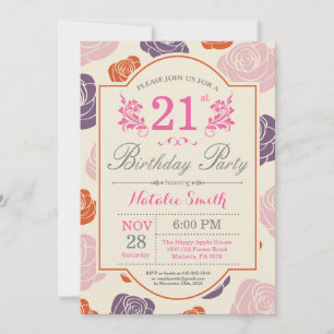 Invitation d'anniversaire 21 ans Floral Roses rose