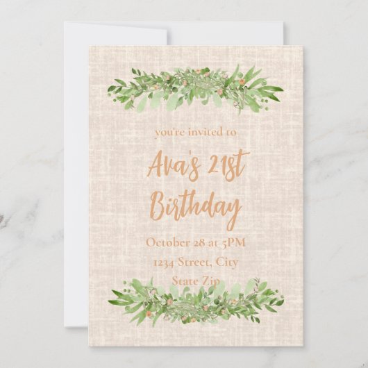 Invitation d'anniversaire 21 ans – Linen Greenery  (Devant)