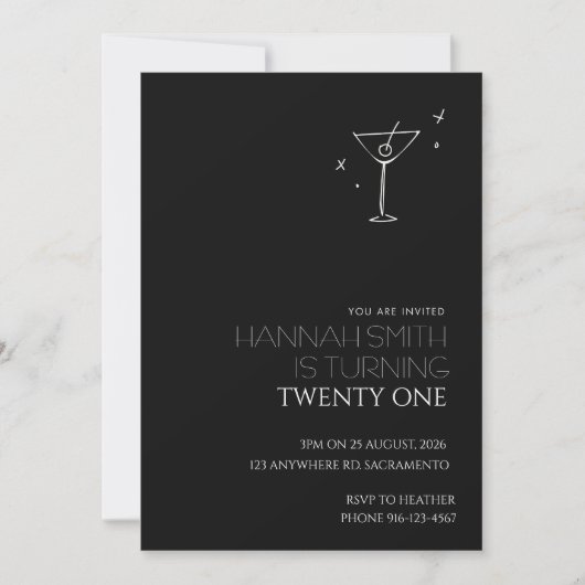 Invitation d'anniversaire 21 ans minimaliste noir (Devant)