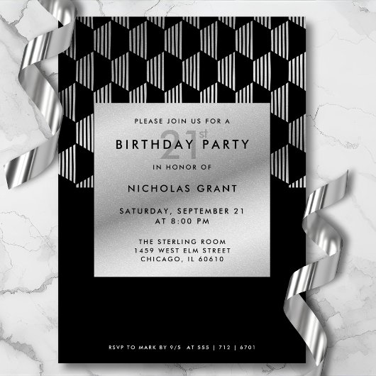 Invitation d'anniversaire 21 ans moderne noir faux
