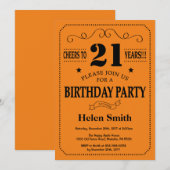 Invitation d'anniversaire 21 ans Noir et Orange (Devant / Derrière)
