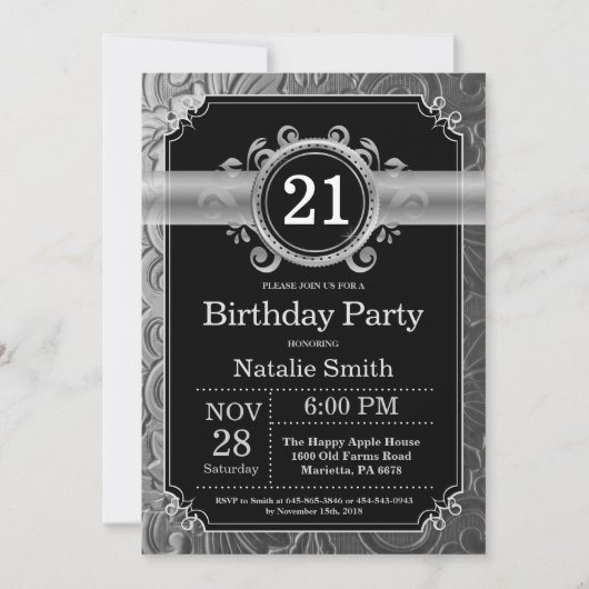 Invitation d'anniversaire 21 ans noir et paillette (Devant)