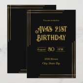 Invitation d'anniversaire 21 ans – Noir & Or | Élé (Devant / Derrière)