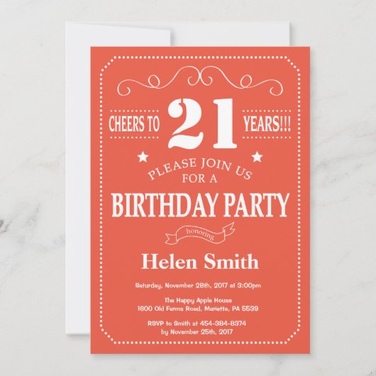 Invitation d'anniversaire 21 ans orange et blanc (Devant)