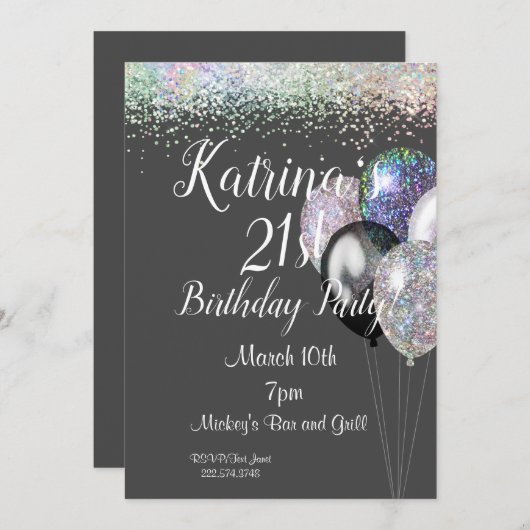 Invitation d'anniversaire 21 ans pailletée (Devant / Derrière)