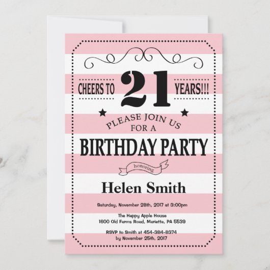 Invitation d'anniversaire 21 ans rayures roses et (Devant)
