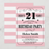 Invitation d'anniversaire 21 ans rayures roses et (Devant / Derrière)