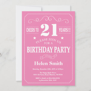 Invitation d'anniversaire 21 ans rose et blanc