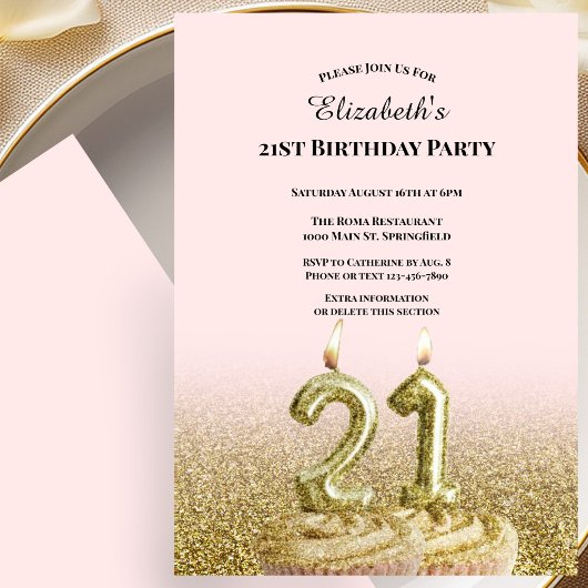 Invitation d'anniversaire 21 ans rose et or pour e