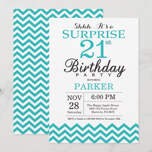Invitation d'anniversaire 21 ans surprise Chevron (Devant / Derrière)