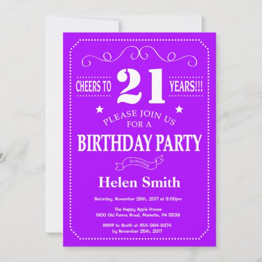 Invitation d'anniversaire 21 ans violet et blanc (Devant)