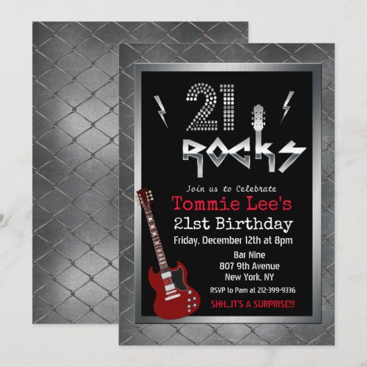 Invitation d'anniversaire 21 Rocks Rockstar Guitar (Devant / Derrière)