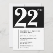 Invitation d'anniversaire 22 ans noir Élégant Chic (Devant)