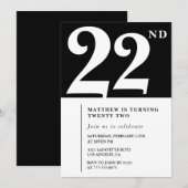 Invitation d'anniversaire 22 ans noir Élégant Chic (Devant / Derrière)