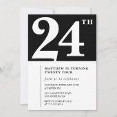Invitation d'anniversaire 24 ans noir Élégant Chic (Devant)
