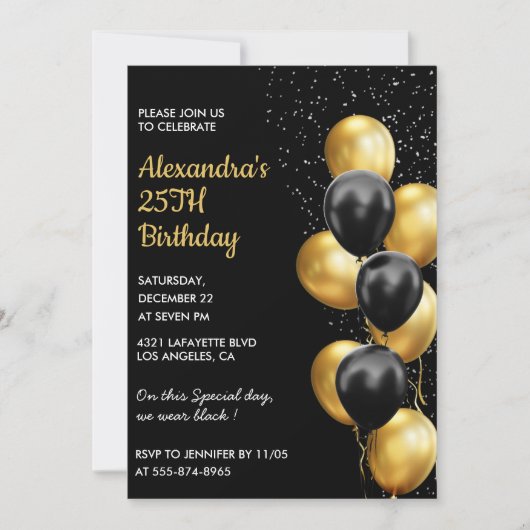 Invitation d'anniversaire 25 ans Ballons Dîner Or (Devant)