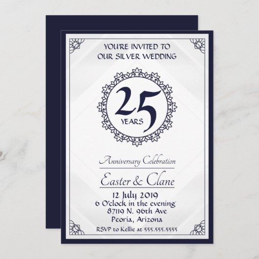 Invitation d'anniversaire 25 ans Bleu Royal (Devant / Derrière)