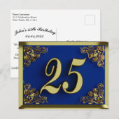 Invitation d'anniversaire 25 ans or bleu royale (Devant / Derrière)