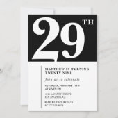Invitation d'anniversaire 29 ans noir Élégant Chic (Devant)