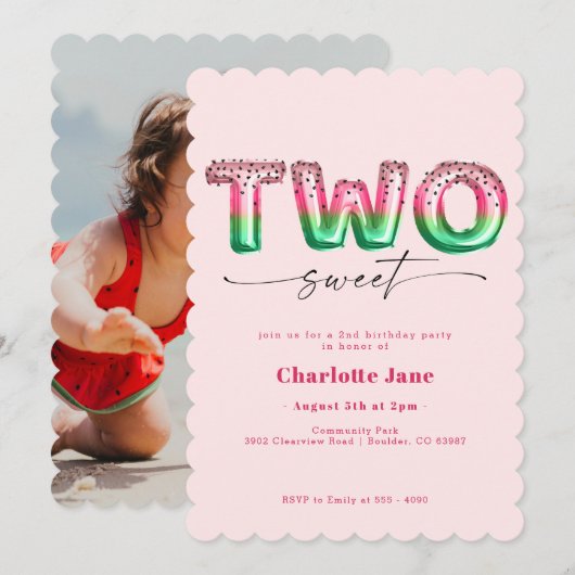 Invitation d'anniversaire 2 ans ballon pastèque ro (Devant / Derrière)