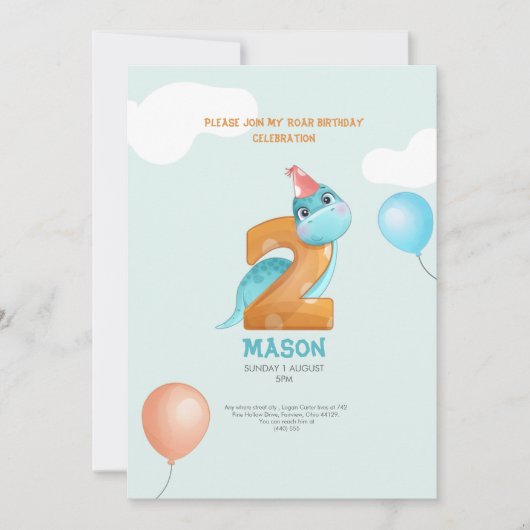 invitation d'anniversaire 2 ans de dinosaure migno (Devant)