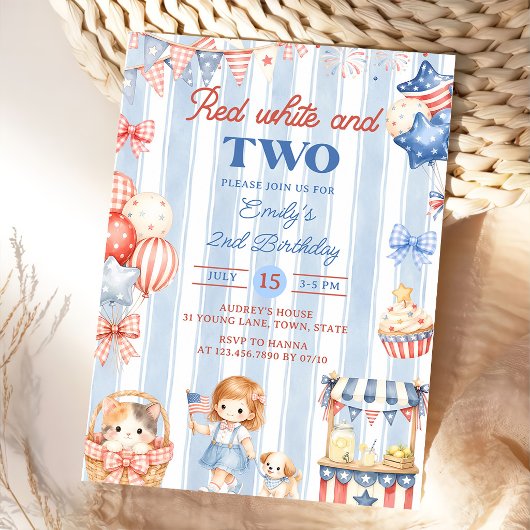 Invitation d'anniversaire 2 ans Fille Rayures Amér