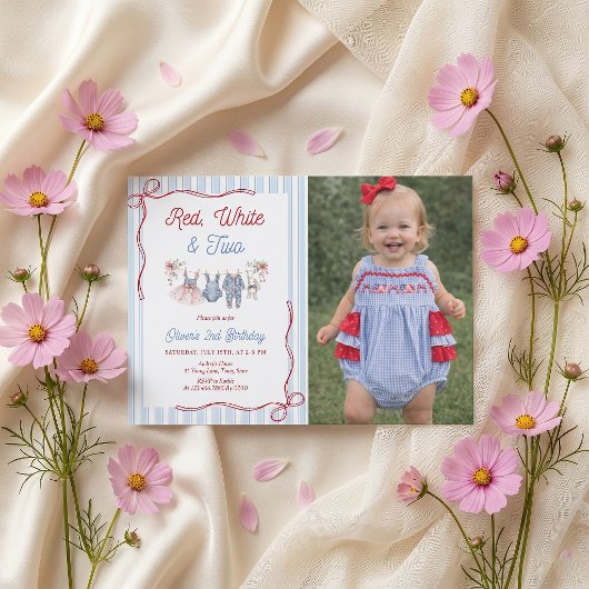 Invitation d'anniversaire 2 ans fille Rouge Blanc 