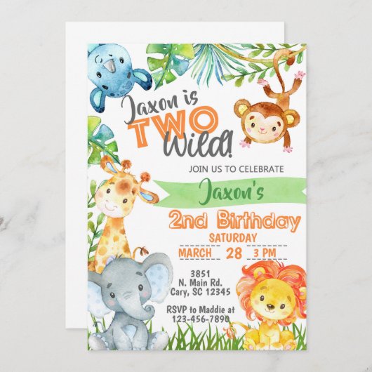 Invitation d'anniversaire 2 ans garçon Safari Jung (Devant / Derrière)