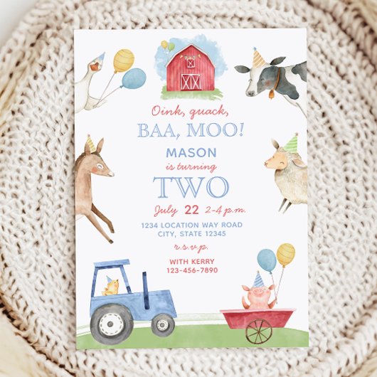 Invitation d'anniversaire 2 ans Oink, Baa, Moo Fer