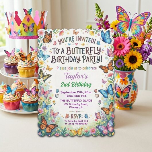 Invitation d'anniversaire 2 ans Papillons Colorés