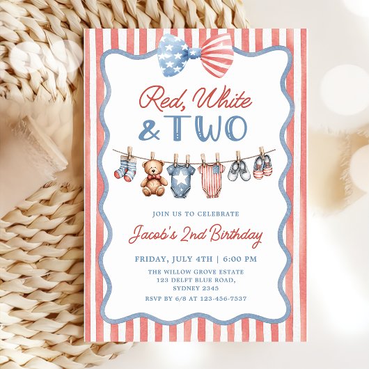 Invitation d'anniversaire 2 ans Rouge Blanc & Deux