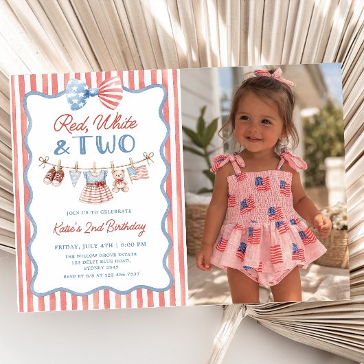 Invitation d'anniversaire 2 ans Rouge Blanc & Deux