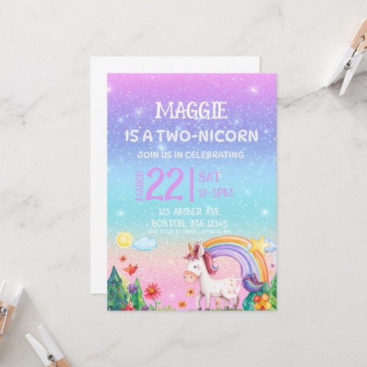 Invitation d'anniversaire 2 ans TWO-NICORN (Devant/Arrière en situation)
