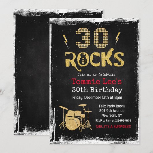 Invitation d'anniversaire 30 ans 30 Rocks Rockstar (Devant / Derrière)